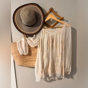 Italian Sheer Embroidered Blouse – Made in Italy Boho Cream Top - Med